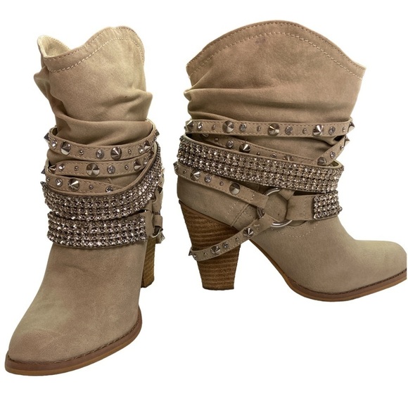 No Brand Light Tan Bling Western 3.5” Stacked Heel Booties Size 6 EUC - Picture 1 of 16